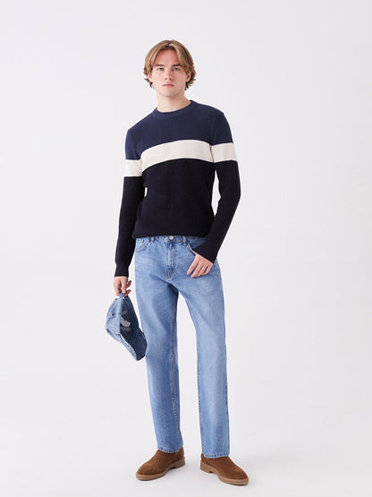 Crew Neck Long Sleeve Color Block Men's Knitwear Sweater