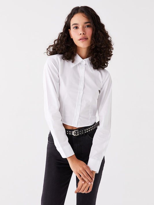 Plain Long Sleeve Crop Poplin Women's Shirt