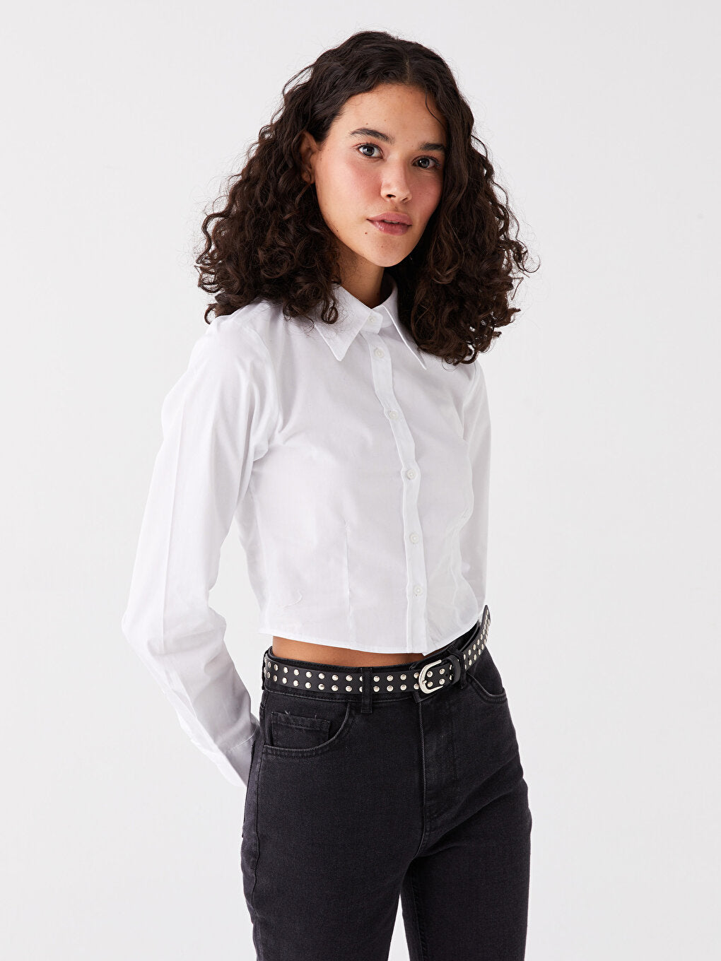 Plain Long Sleeve Crop Poplin Women's Shirt