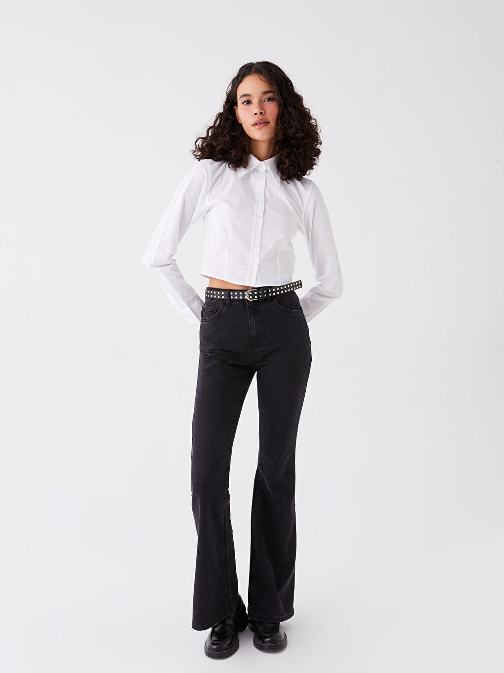 Plain Long Sleeve Crop Poplin Women's Shirt