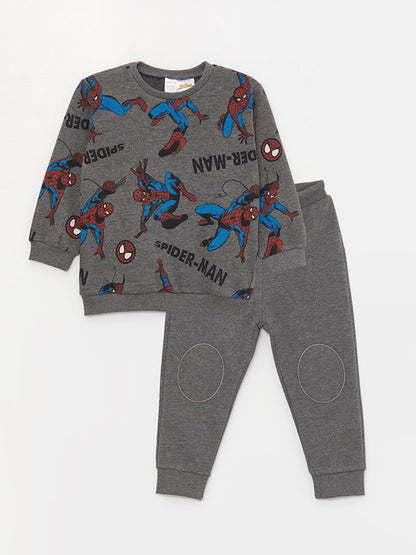 Crew Neck Long Sleeve Spiderman Printed Baby Boy Sweatshirt and Tracksuit Bottom 2-Piece Set