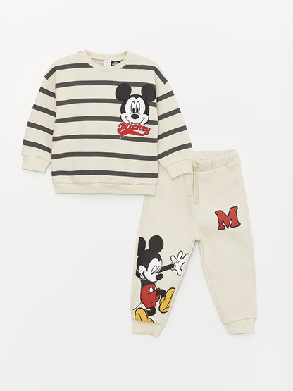 Crew Neck Mickey Mouse Printed Baby Boy T-Shirt and Tracksuit Bottom 2-Piece Set