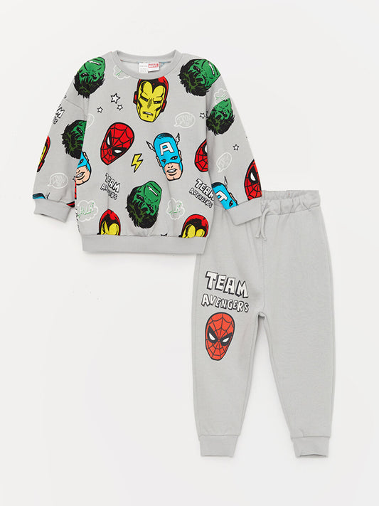 Crew Neck Marvel Printed Baby Boy Sweatshirt and Tracksuit Bottom 2-Piece Set