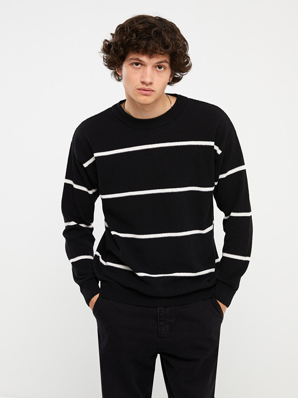 Crew Neck Long Sleeve Striped Men's Knitwear Sweater