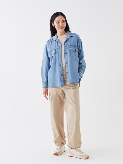 Plain Long Sleeve Oversize Women's Jean Shirt