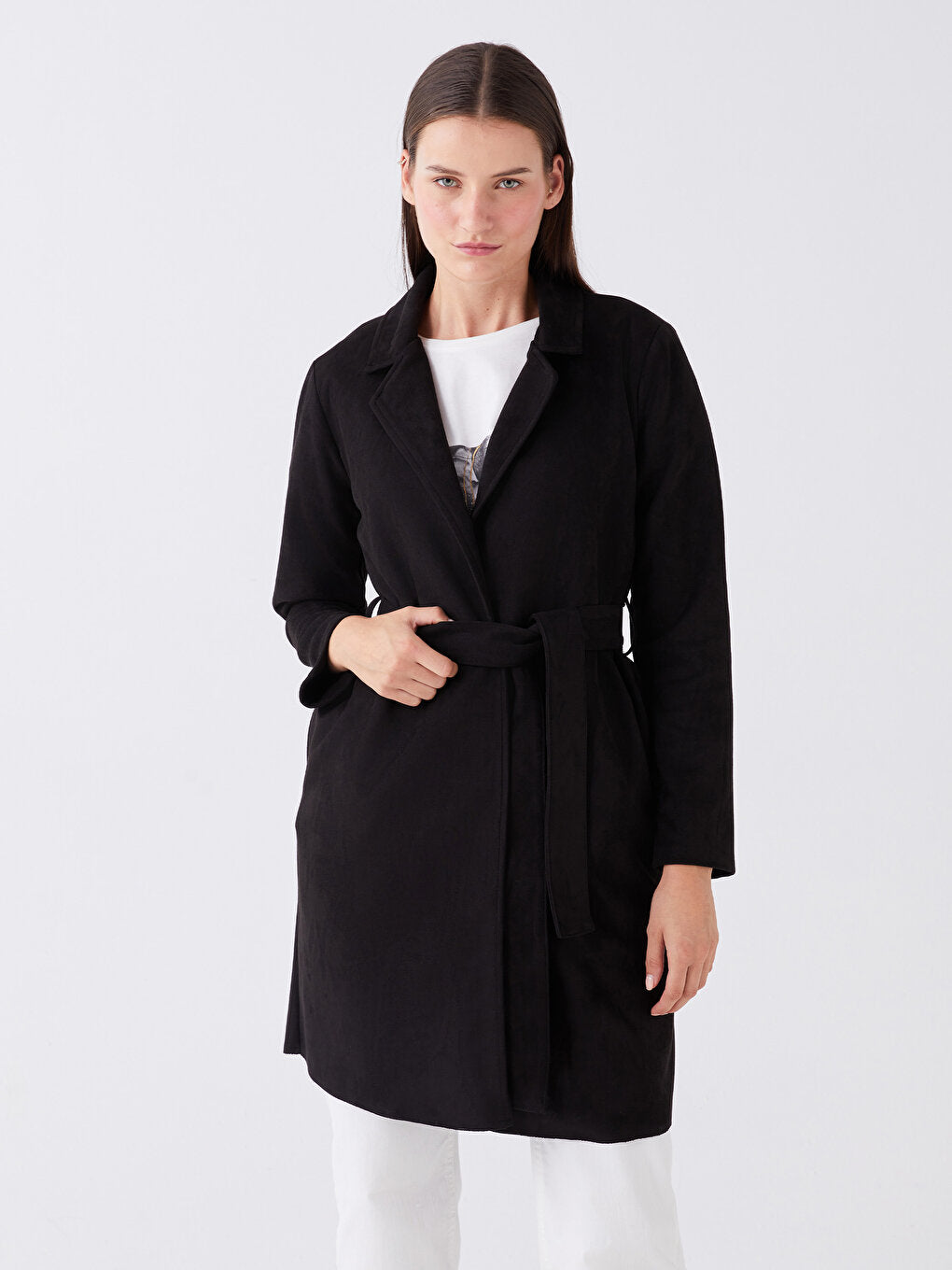 Jacket Collar Plain Long Sleeve Suede Women's Trench Coat