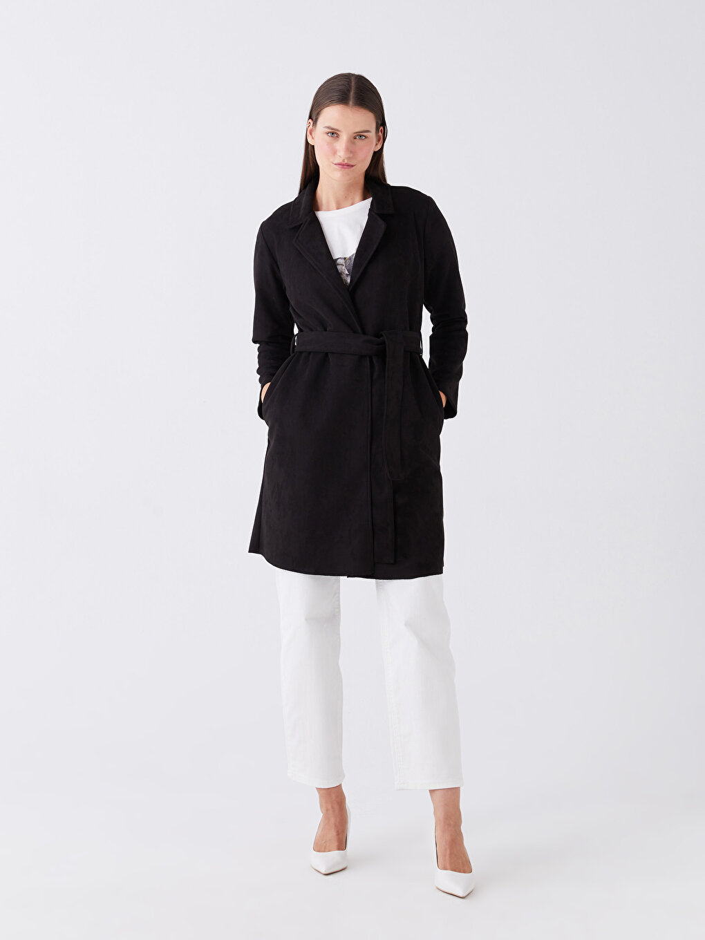 Jacket Collar Plain Long Sleeve Suede Women's Trench Coat