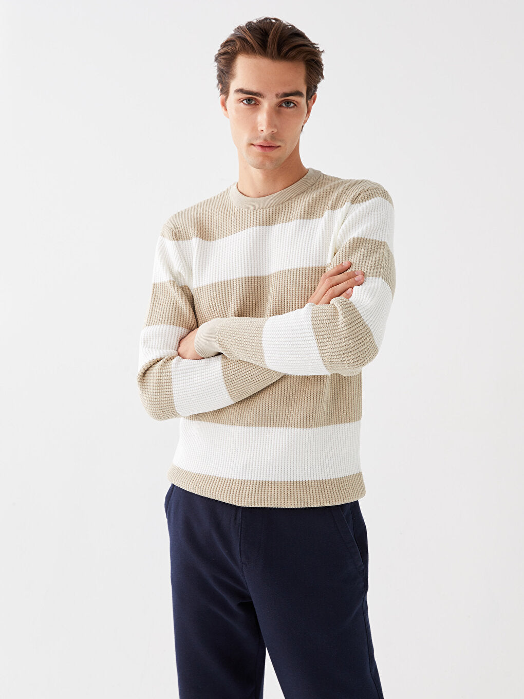 Crew Neck Long Sleeve Striped Men's Knitwear Sweater