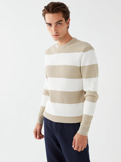 Crew Neck Long Sleeve Striped Men's Knitwear Sweater