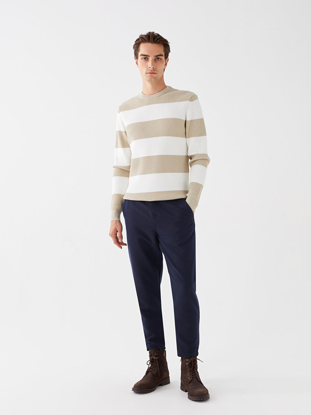 Crew Neck Long Sleeve Striped Men's Knitwear Sweater