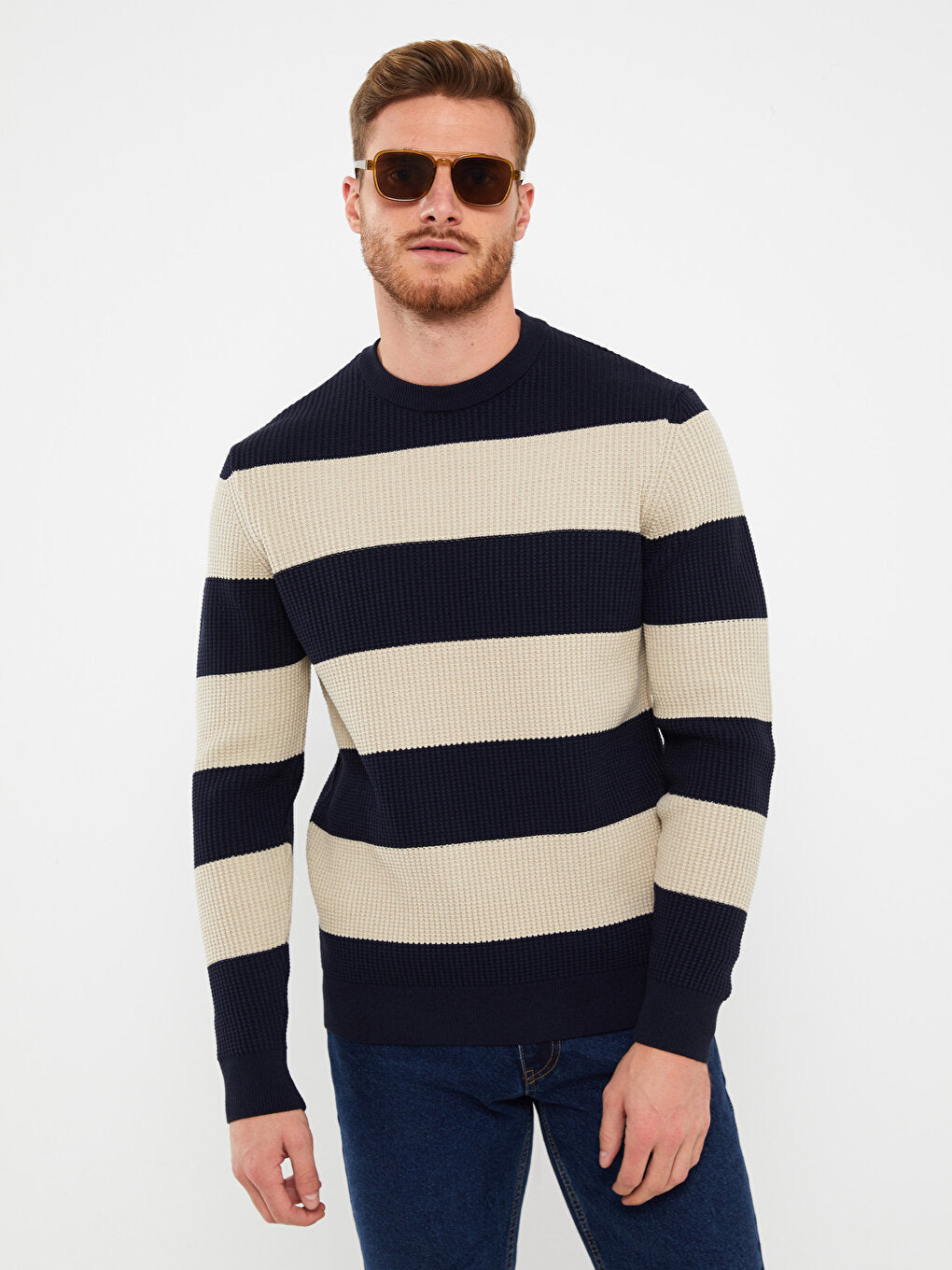 Crew Neck Long Sleeve Striped Men's Knitwear Sweater