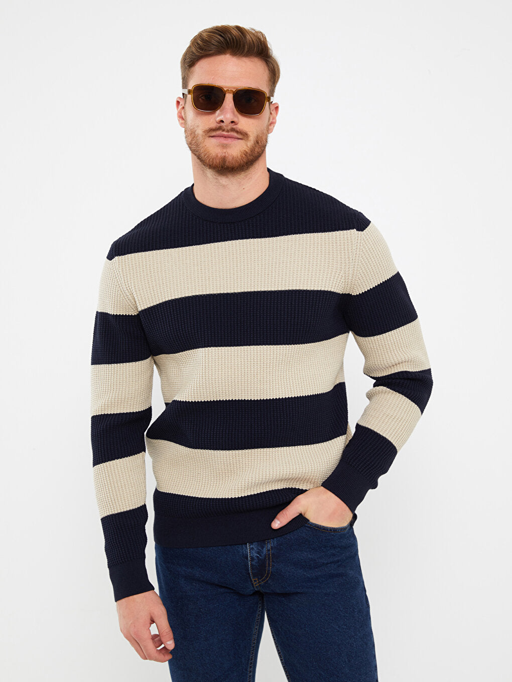 Crew Neck Long Sleeve Striped Men's Knitwear Sweater