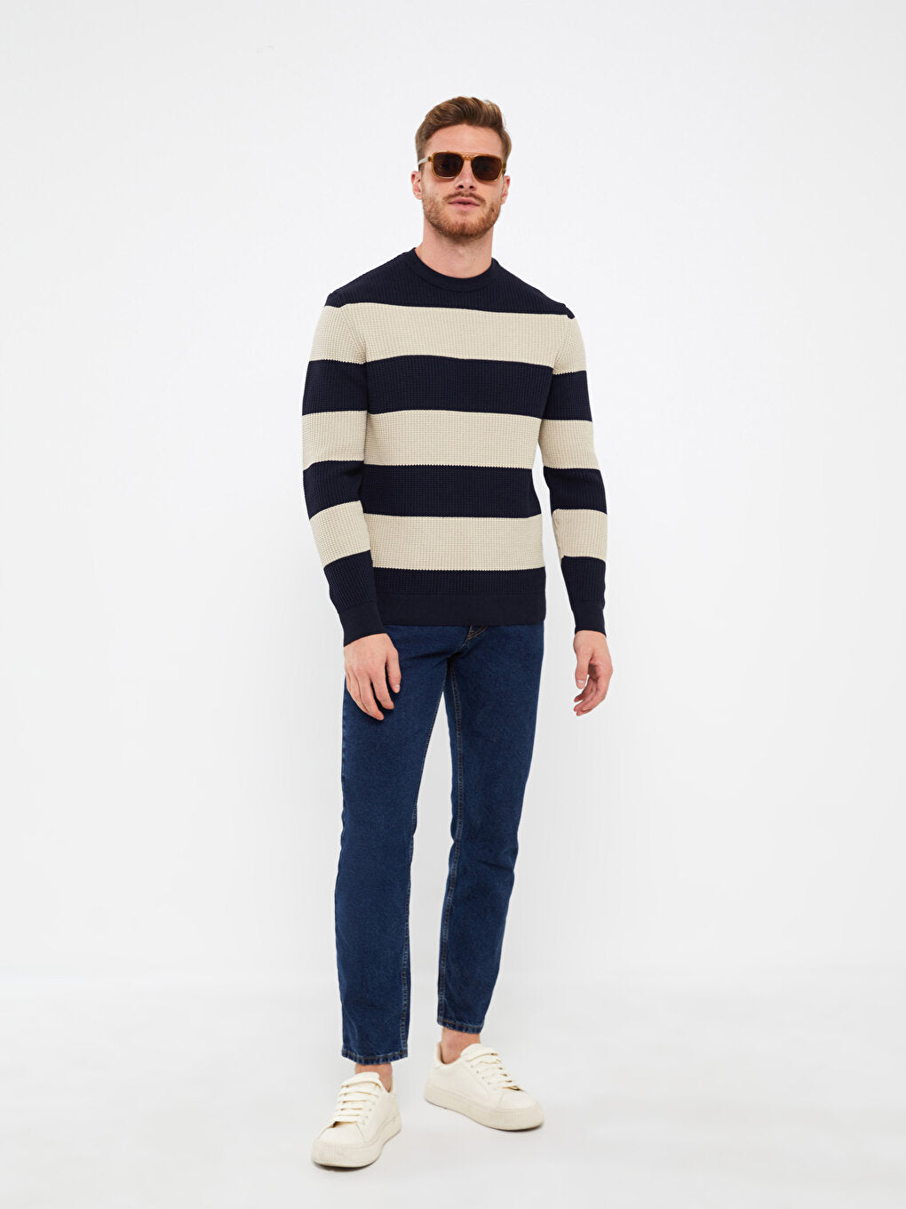 Crew Neck Long Sleeve Striped Men's Knitwear Sweater