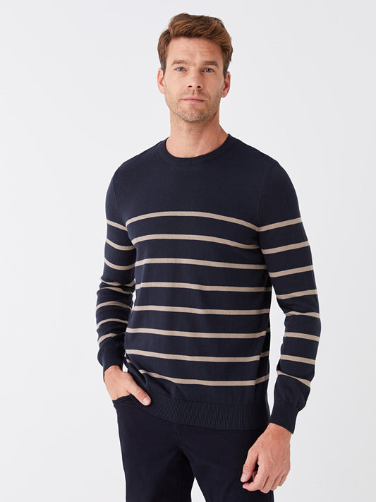 Crew Neck Long Sleeve Striped Men's Knitwear Sweater