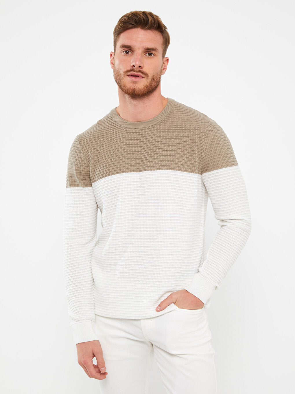 Crew Neck Long Sleeve Color Block Men's Knitwear Sweater