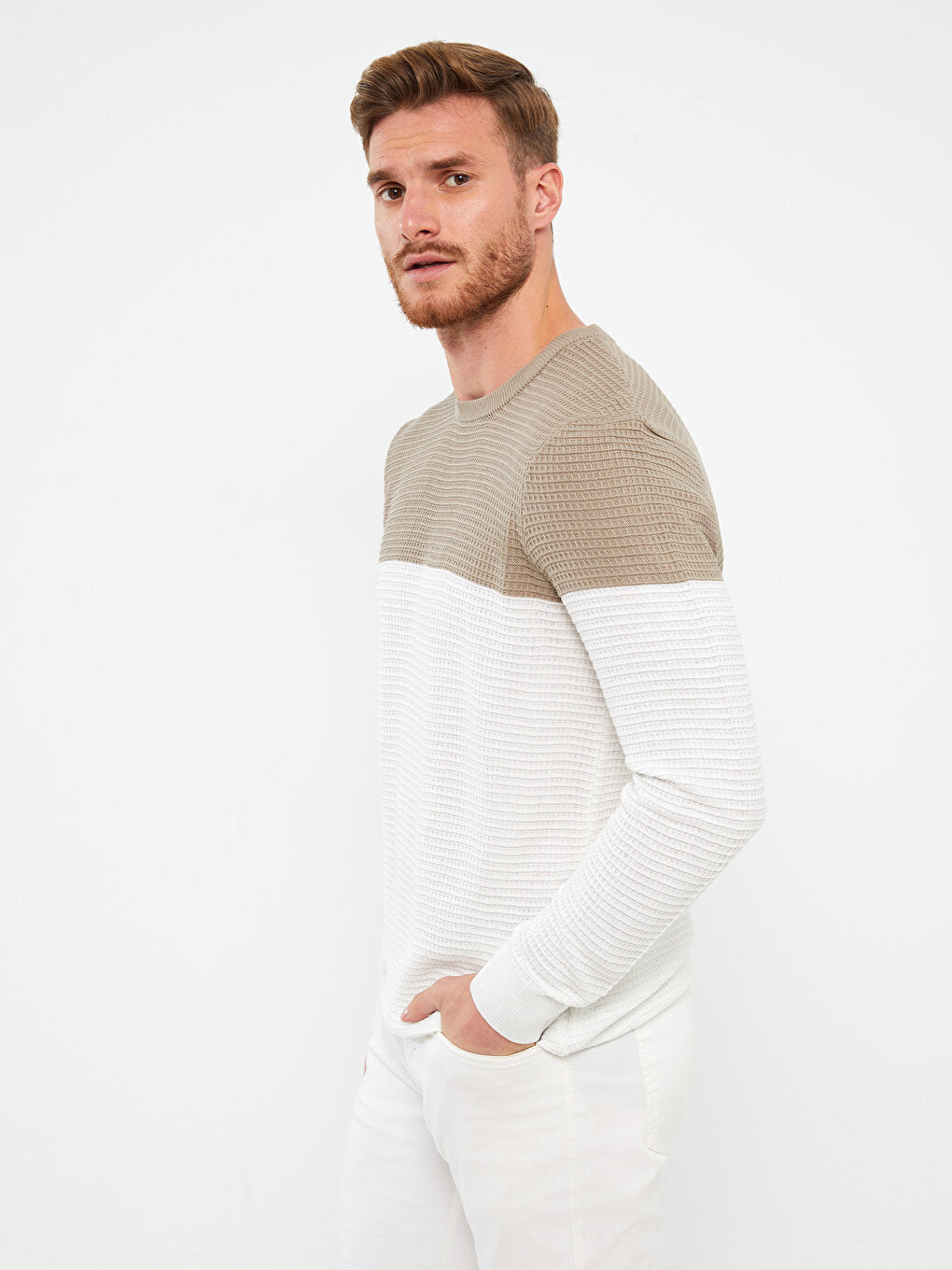 Crew Neck Long Sleeve Color Block Men's Knitwear Sweater