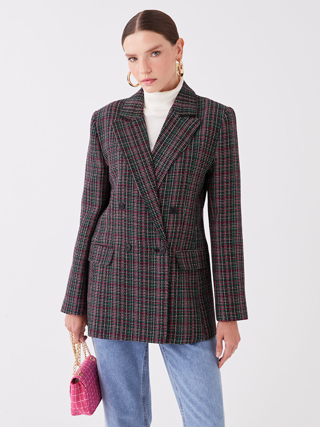 Patterned Long Sleeve Women's Tweed Blazer Jacket