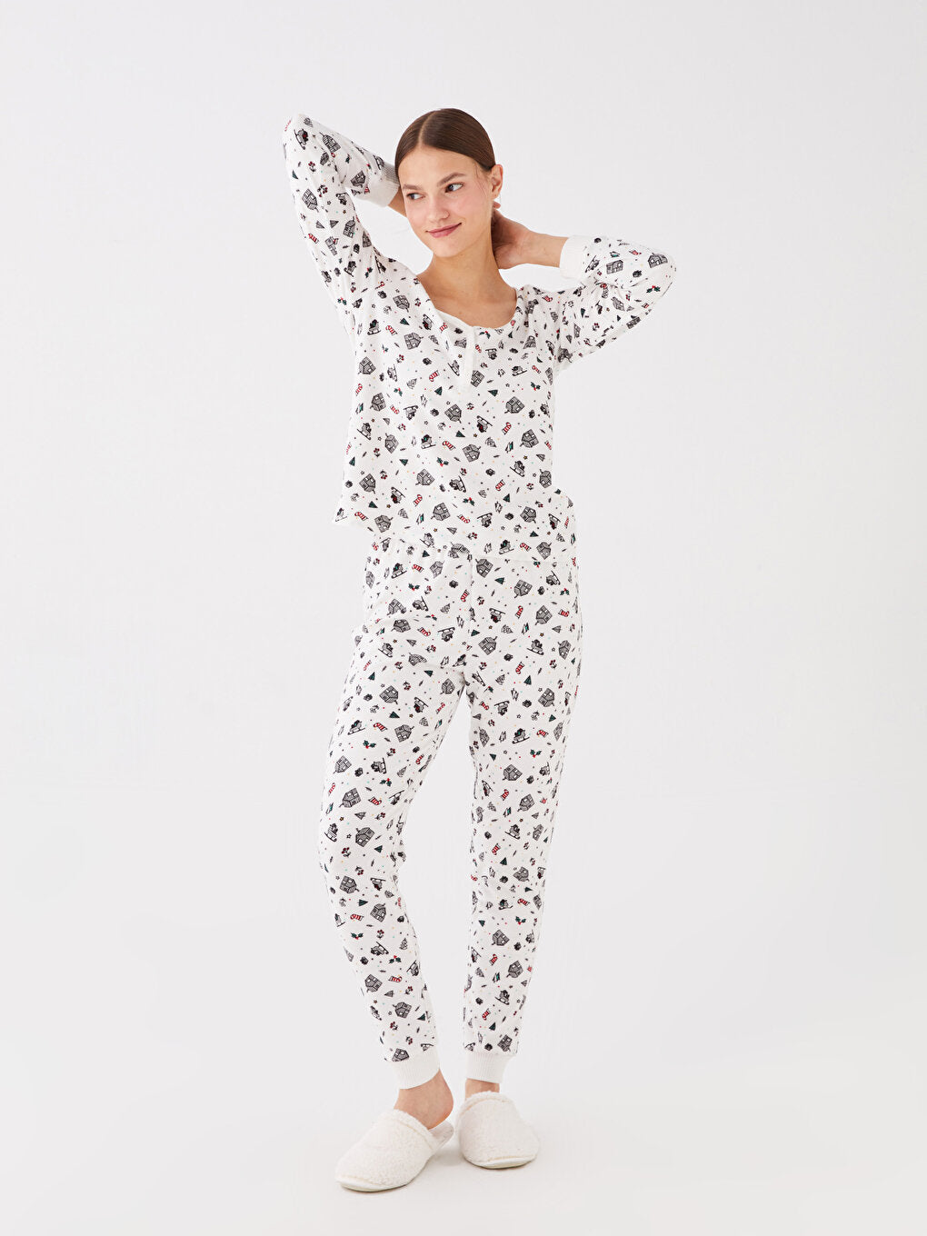 V-Neck New Year Themed Long Sleeve Women's Pajama Set