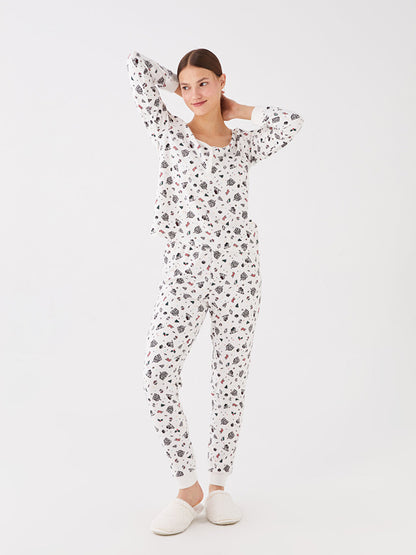 V-Neck New Year Themed Long Sleeve Women's Pajama Set