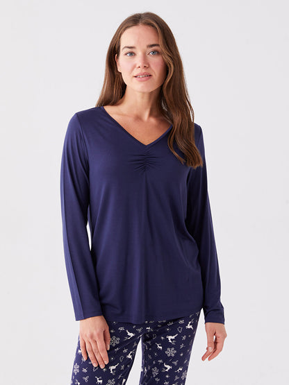 V-Neck Plain Long Sleeve Women's Pajama Top