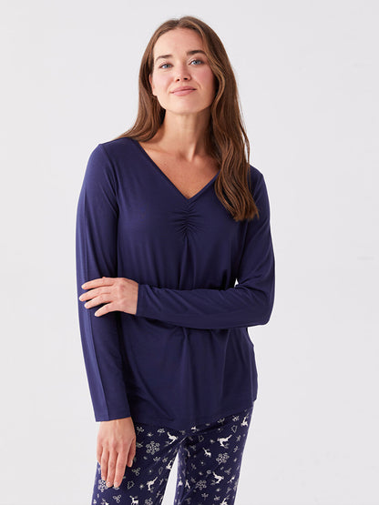 V-Neck Plain Long Sleeve Women's Pajama Top