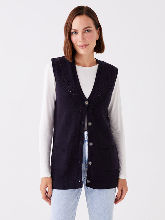 V-Neck Self-Patterned Women's Knitwear Vest