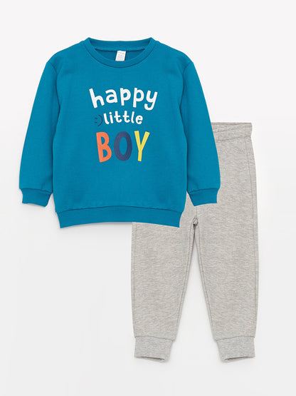 Crew Neck Long Printed Baby Boy Sweatshirt and Trousers 2-Piece Set