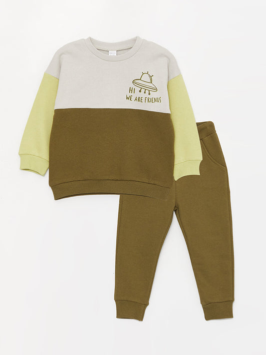 Crew Neck Long Printed Baby Boy Sweatshirt and Trousers 2-Piece Set