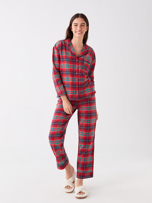 Shirt Collar Plaid Long Sleeve Women's Pajama Set