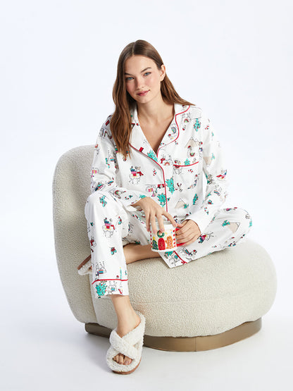 Shirt Collar New Year Themed Long Sleeve Women's Pajama Set