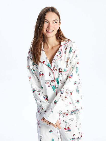 Shirt Collar New Year Themed Long Sleeve Women's Pajama Set