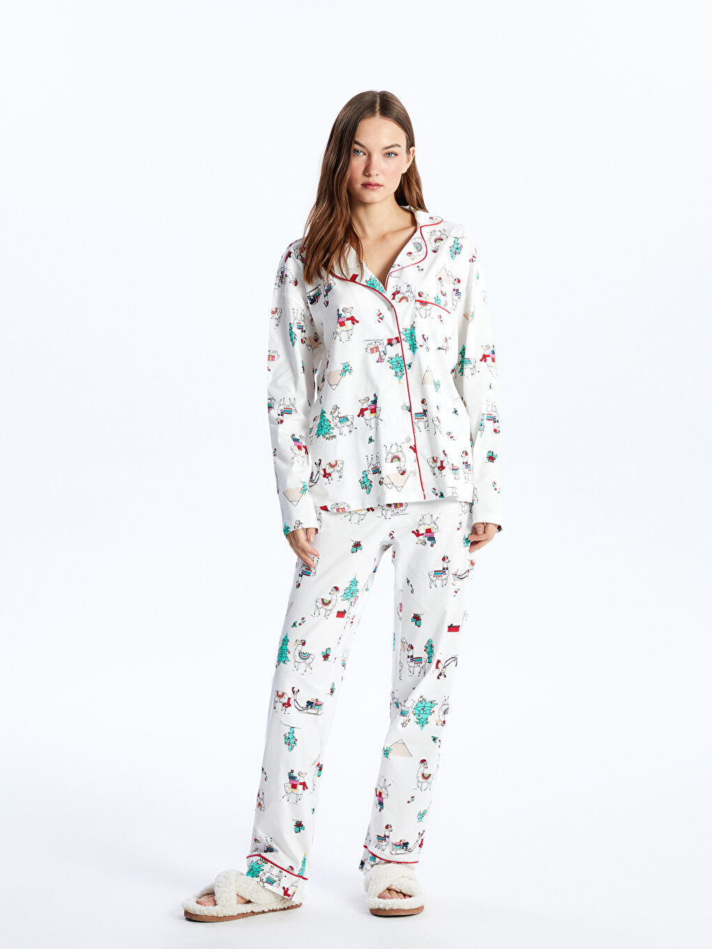 Shirt Collar New Year Themed Long Sleeve Women's Pajama Set