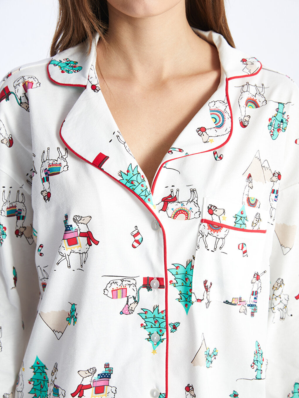 Shirt Collar New Year Themed Long Sleeve Women's Pajama Set