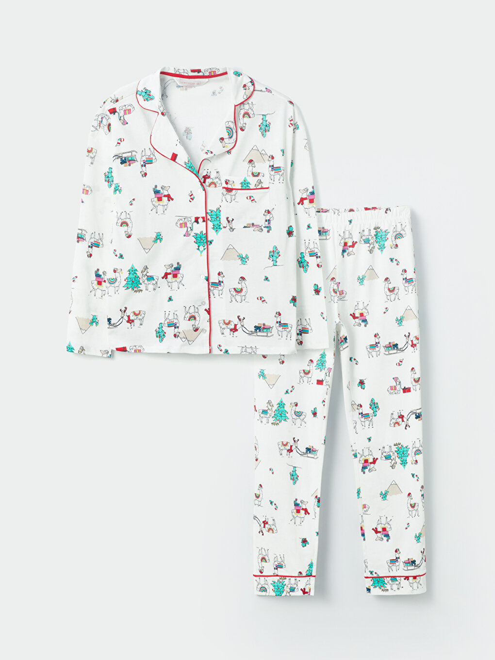 Shirt Collar New Year Themed Long Sleeve Women's Pajama Set