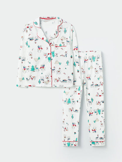 Shirt Collar New Year Themed Long Sleeve Women's Pajama Set