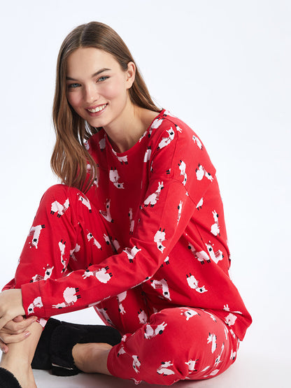 Crew Neck New Year Themed Long Sleeve Women's Pajama Set