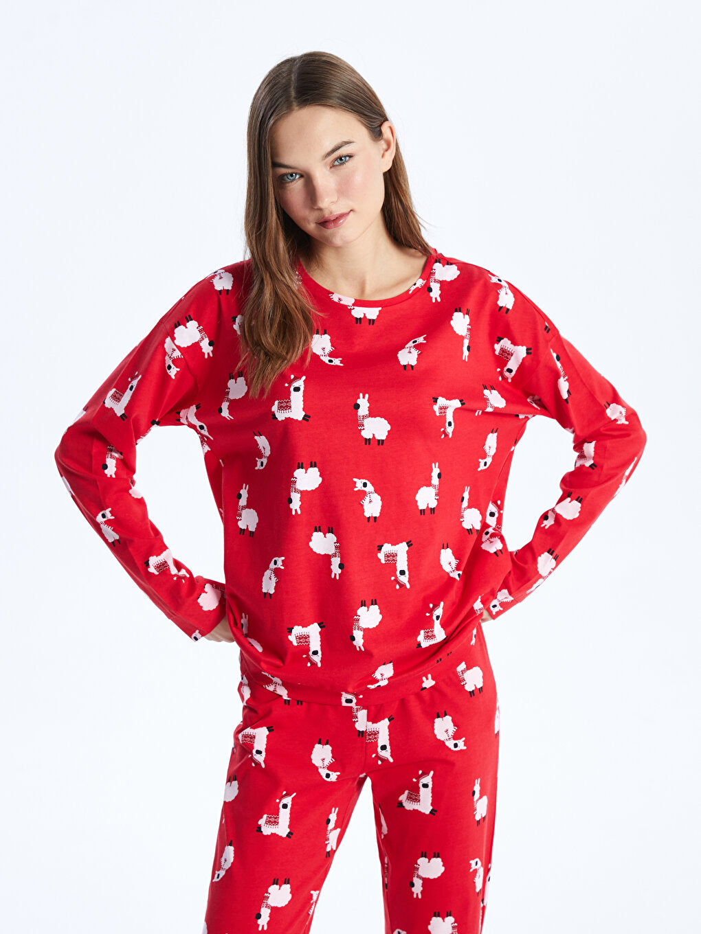 Crew Neck New Year Themed Long Sleeve Women's Pajama Set