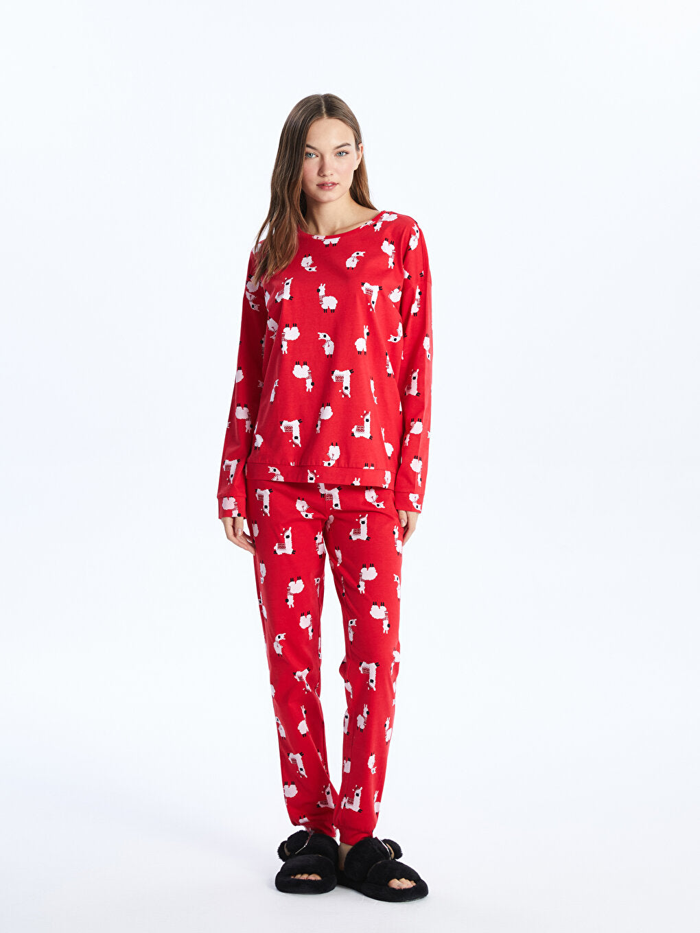 Crew Neck New Year Themed Long Sleeve Women's Pajama Set