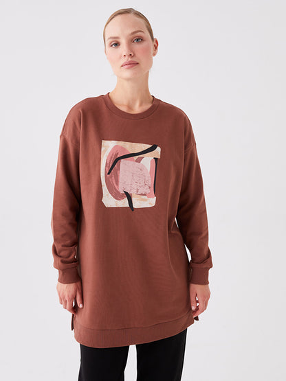 Crew Neck Printed Long Sleeve Oversize Women's Sweatshirt Tunic