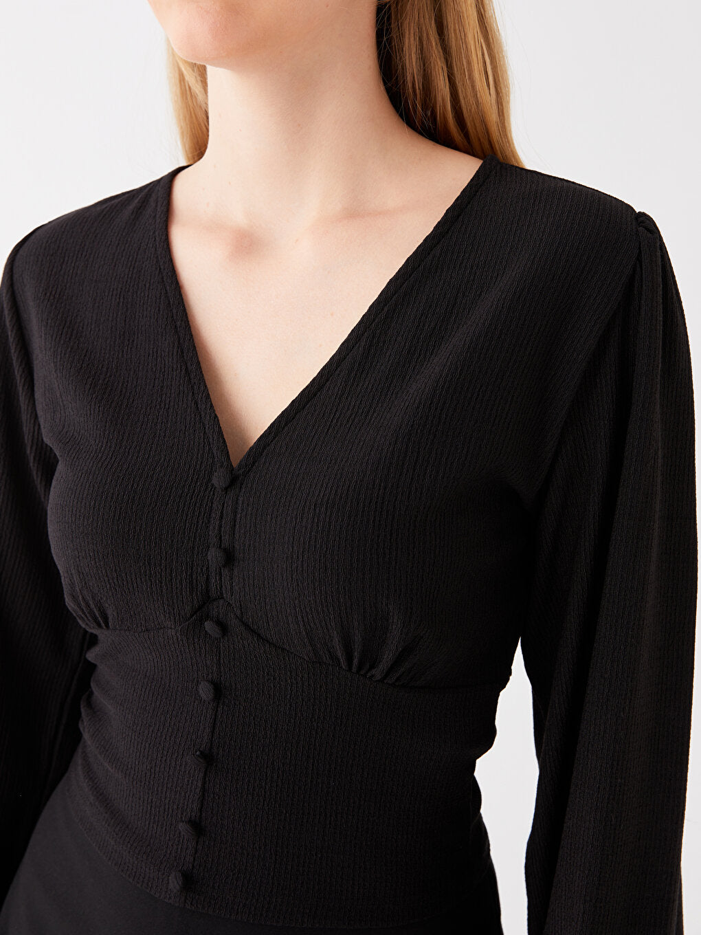 V-Neck Plain Long Sleeve Poplin Women's Shirt