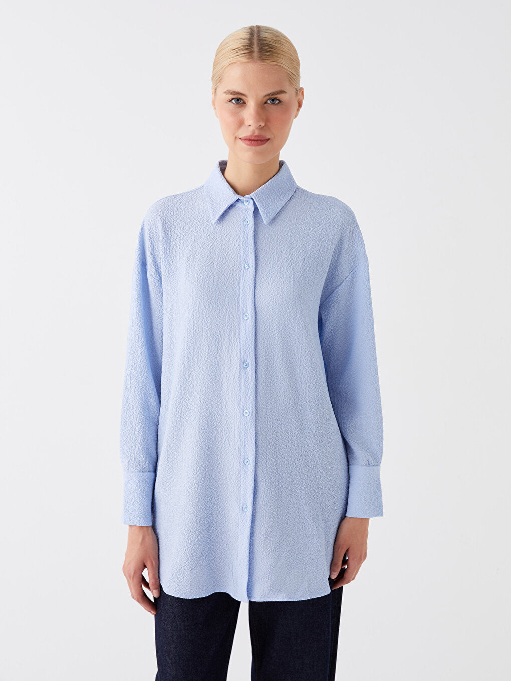 Plain Long Sleeve Oversize Seersucker Women's Shirt