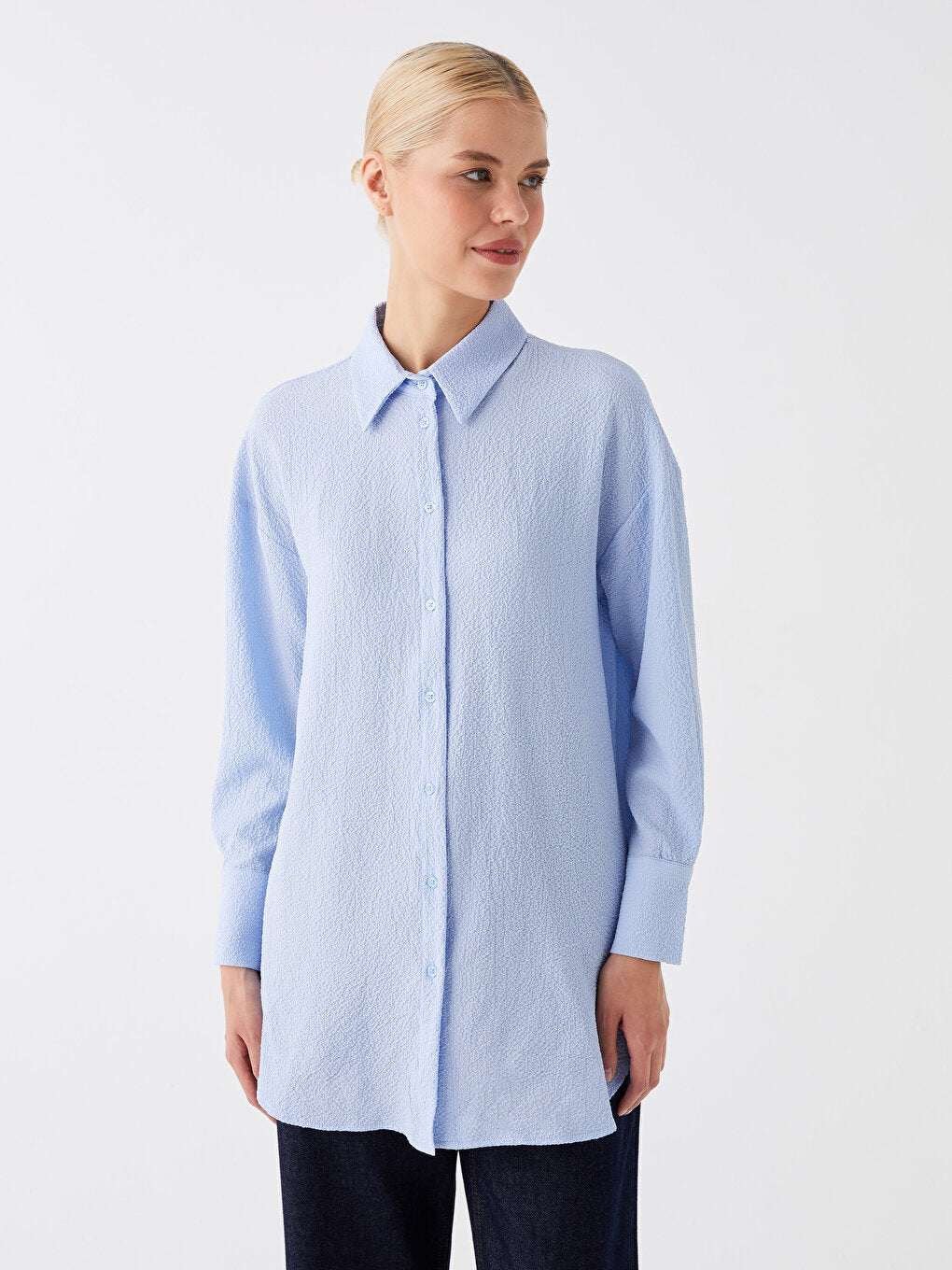 Plain Long Sleeve Oversize Seersucker Women's Shirt