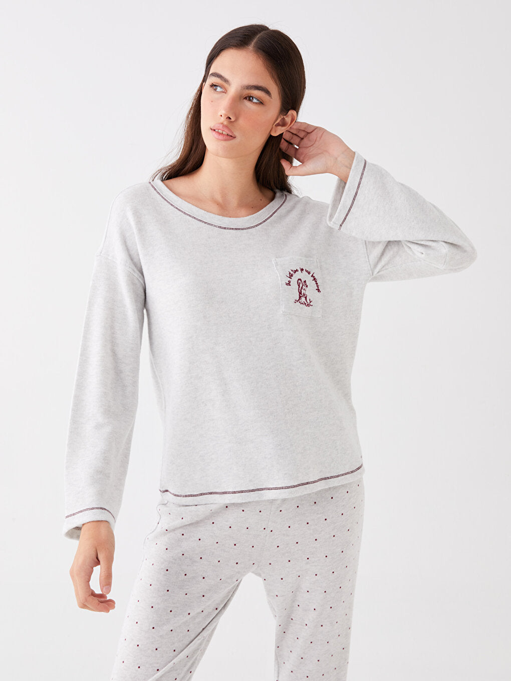 Crew Neck Embroidered Long Sleeve Fleece Women's Pajama Top