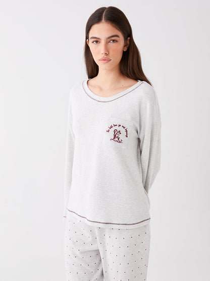 Crew Neck Embroidered Long Sleeve Fleece Women's Pajama Top