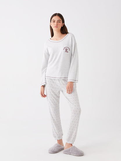 Crew Neck Embroidered Long Sleeve Fleece Women's Pajama Top