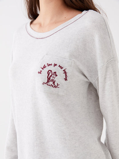 Crew Neck Embroidered Long Sleeve Fleece Women's Pajama Top