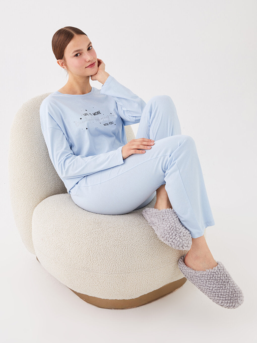 Crew Neck Printed Long Sleeve Women's Pajama Set