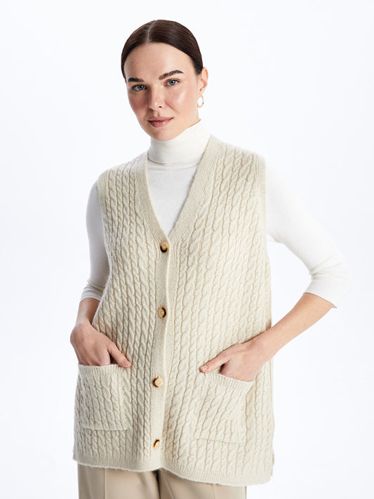 V-Neck Self-Patterned Women's Knitwear Vest