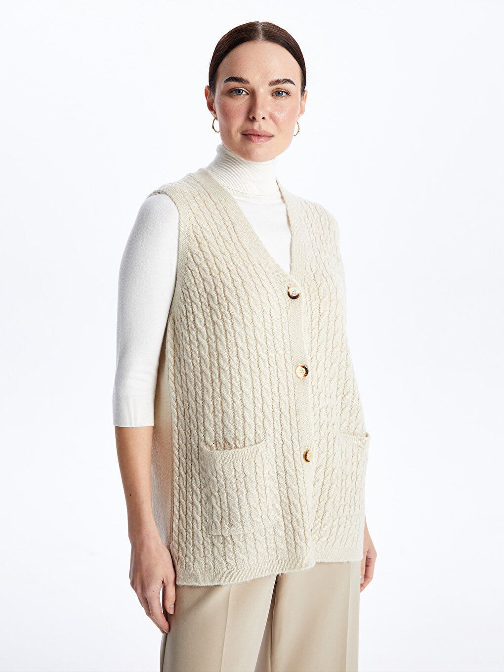 V-Neck Self-Patterned Women's Knitwear Vest