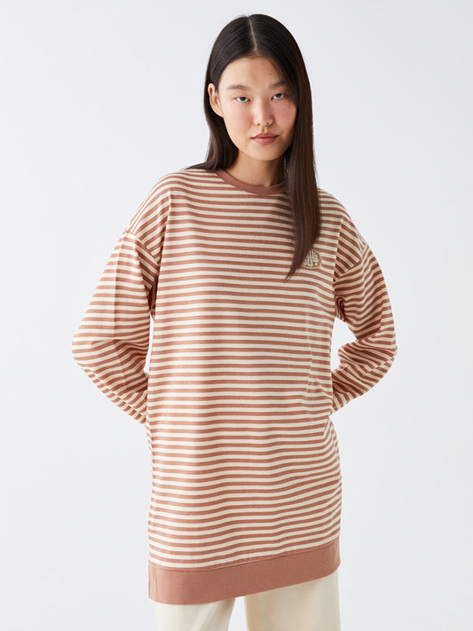 Crew Neck Striped Long Sleeve Women's Sweatshirt Tunic